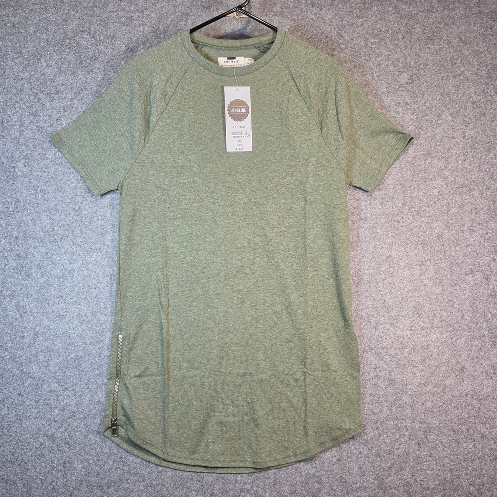 Topman Men's Longline Side Zip T-Shirt Heather Khaki Green XS 71Q01P KHA